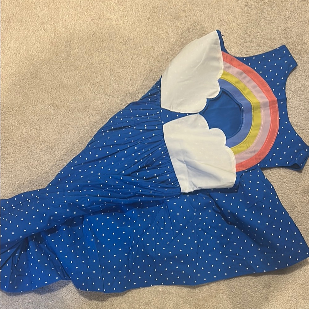 Mini Boden Blue Polka Dot Dress with Rainbow Detail